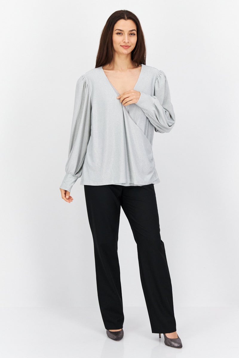 city chic Women Plus Size Surplice Neck Long Sleeves Metallic Blouse, Silver - Image 3